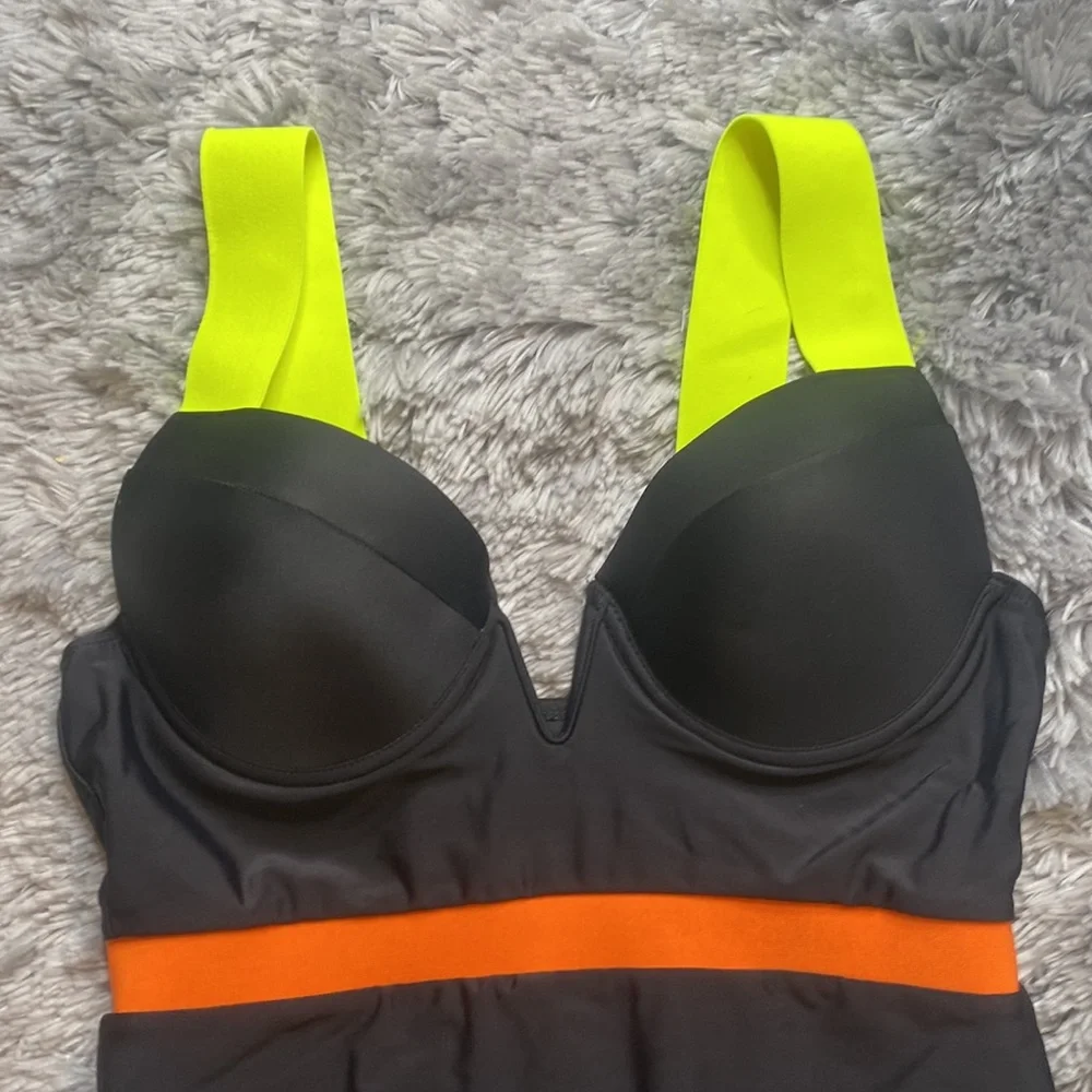 Shein Black Orange Neon Green Strap Swimsuit Size Large Excellent Condition - Picture 3 of 10